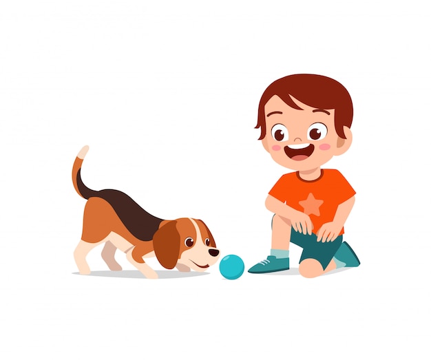 Vector happy cute little kid boy girl play with pet dog