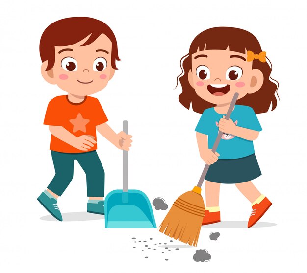 Happy cute little kid boy and girl sweeping floor