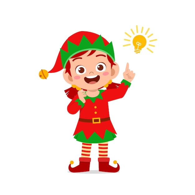 행복 한 귀여운 꼬마 소년과 소녀 녹색 요정 크리스마스 의상을 입고 생각