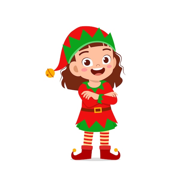 Vector happy cute little kid boy and girl wearing green elf christmas costume