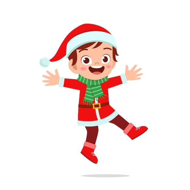 Happy cute little kid boy and girl wearing red christmas costume and jump