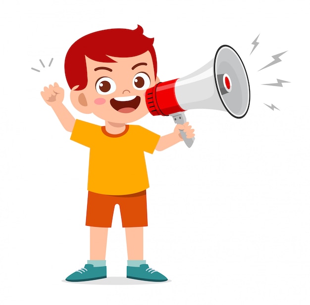 Vector happy cute little kid boy holding megaphone