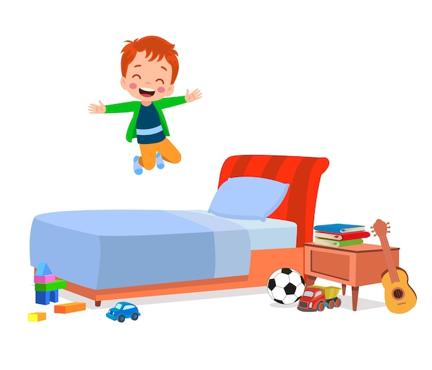 happy cute little kid boy jump on bed