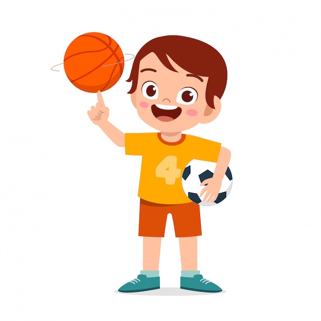 Vector happy cute little kid boy play ball