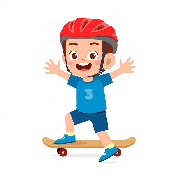행복 한 귀여운 작은 아이 소년 스케이트 보드를 재생