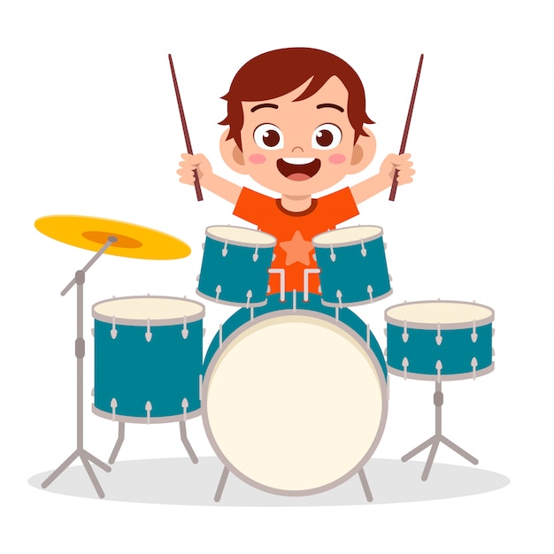 Vector happy cute little kid boy playing drum