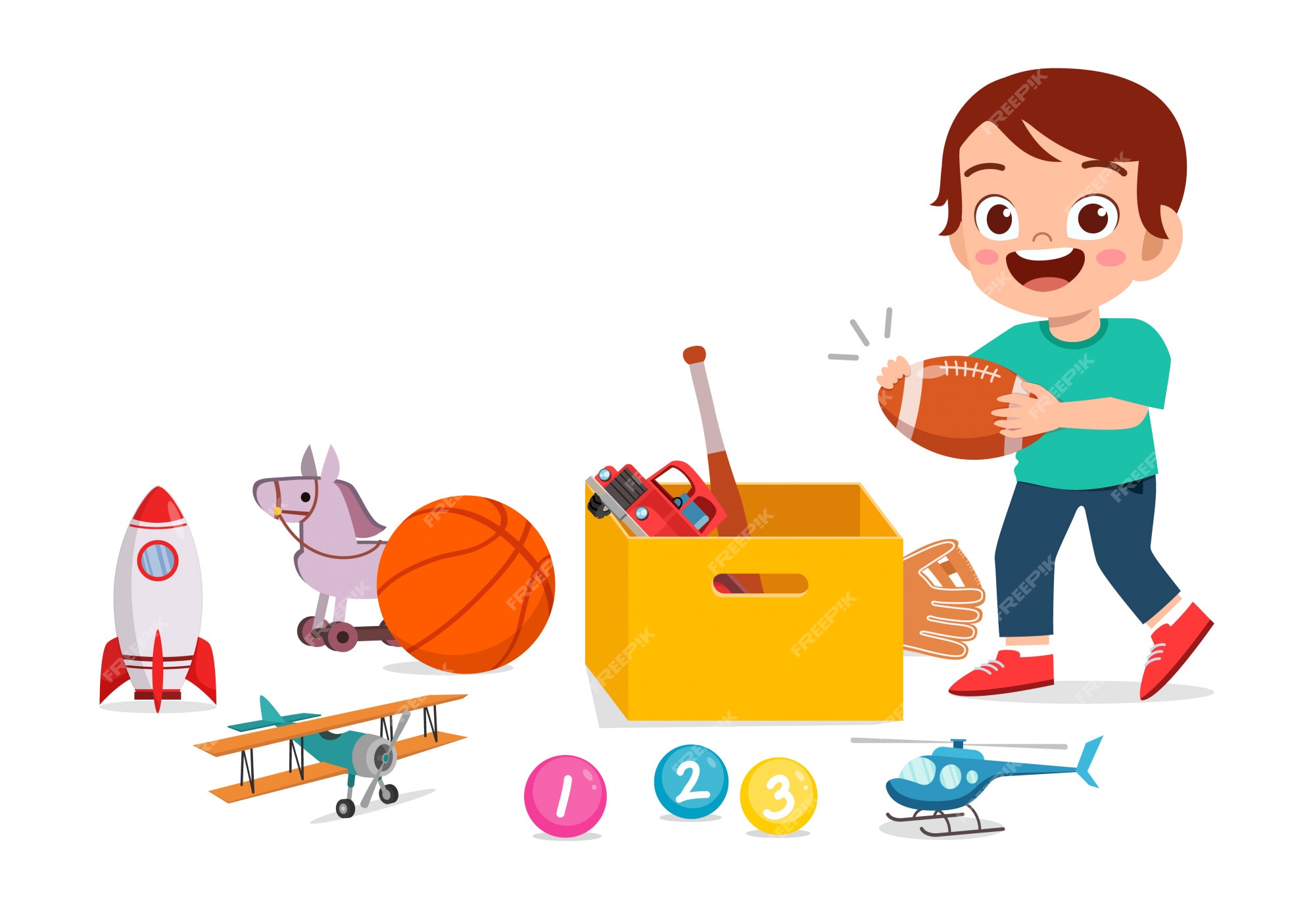 Happy little boy playing with toys, Stock vector