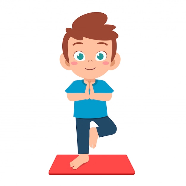 Happy cute little kid boy practice yoga