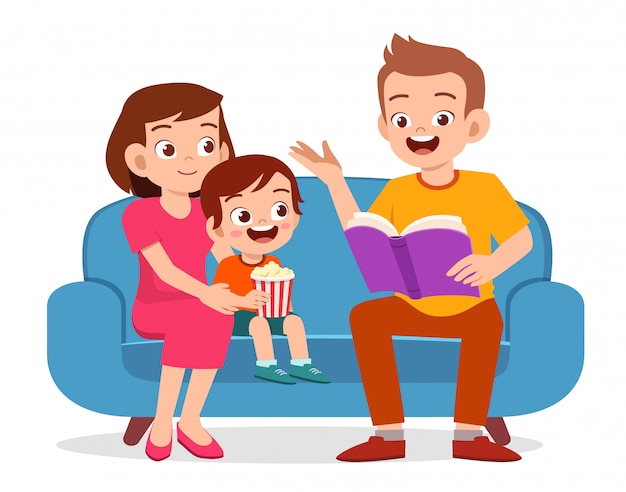 행복 한 귀여운 작은 아이 소년 부모와 함께 책을 읽고