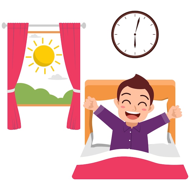 Vector happy cute little kid boy wake up in the morning
