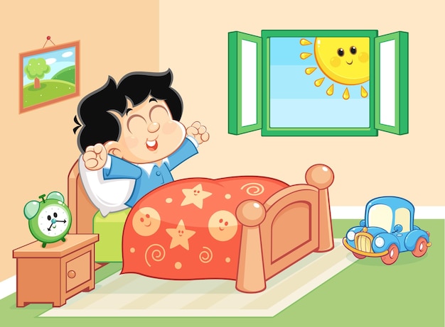 Vector happy cute little kid boy wake up in the morning