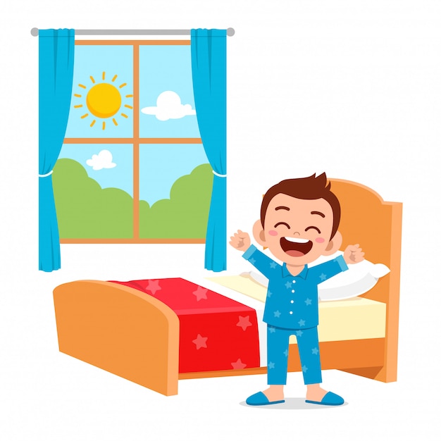 Vector happy cute little kid boy wake up in the morning
