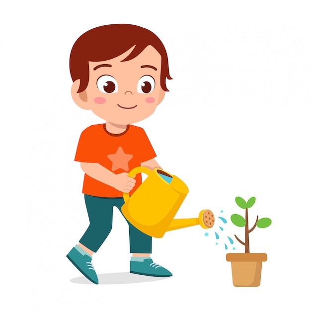 Happy cute little kid boy watering flower illustration