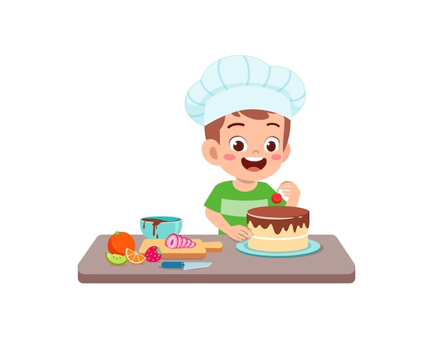 Happy cute little kid boy wear chef uniform and cooking a birthday cake