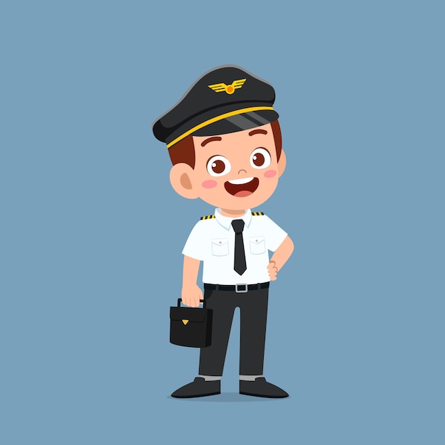 Vector happy cute little kid boy wearing pilot uniform