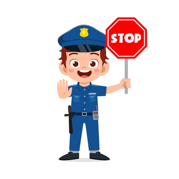 Happy cute little kid boy wearing police uniform and holding stop sign