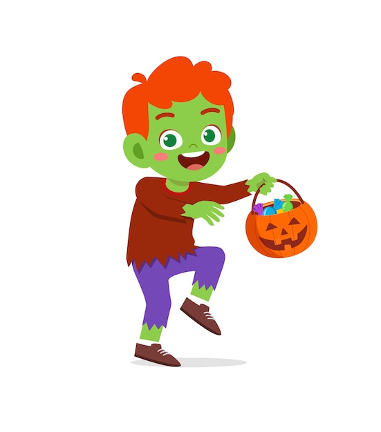 Il ragazzino sveglio felice festeggia halloween indossa il costume del mostro di frankenstein