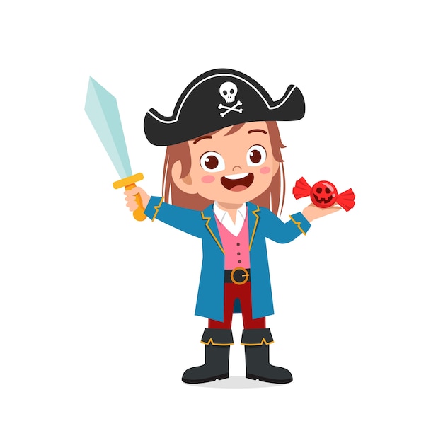 Vector happy cute little kid celebrate halloween wears pirate costume