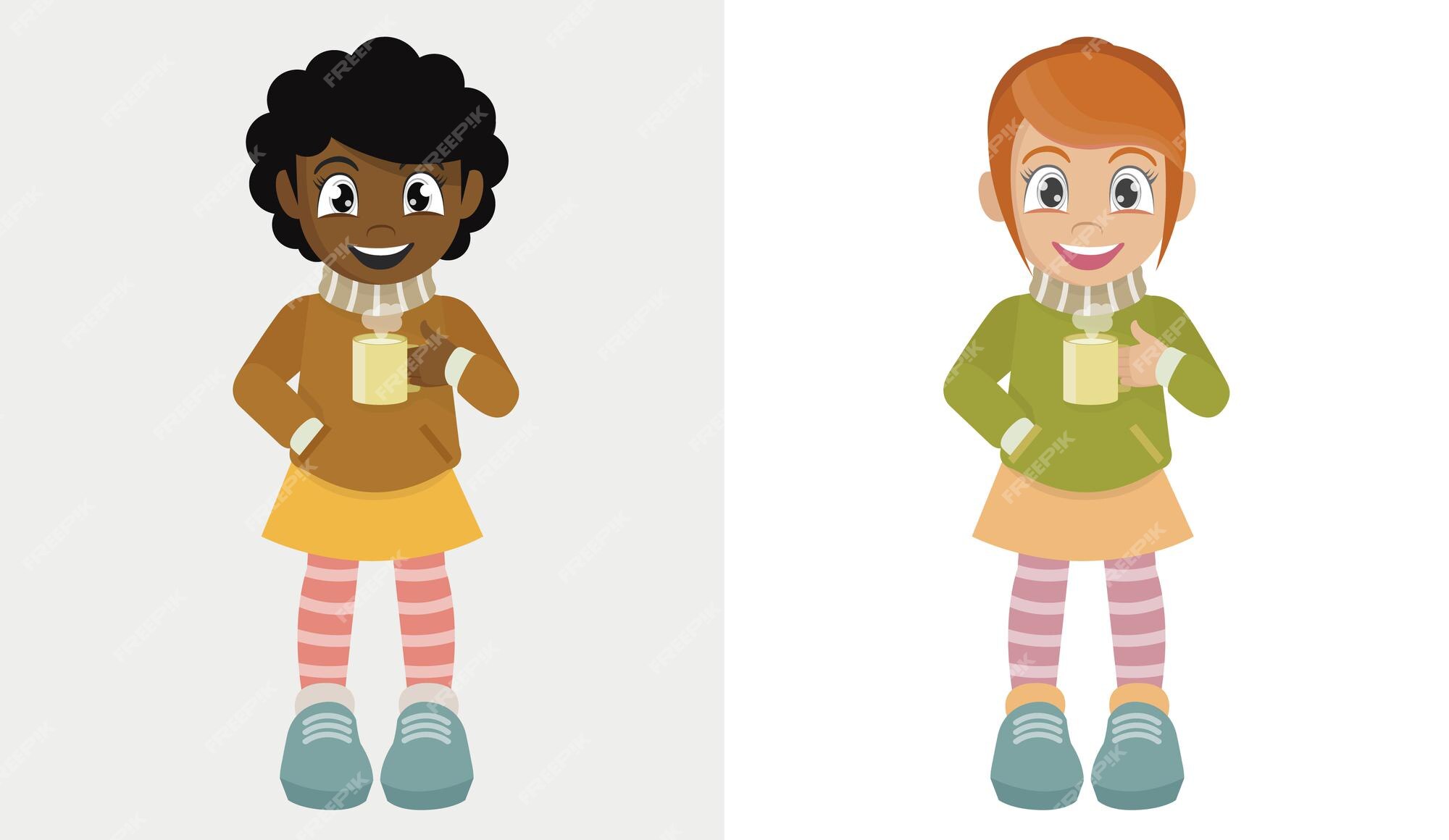 Premium Vector | Happy cute little kid drink hot milk in winter season Premium Vector | Happy cute little kid drink hot milk in winter season