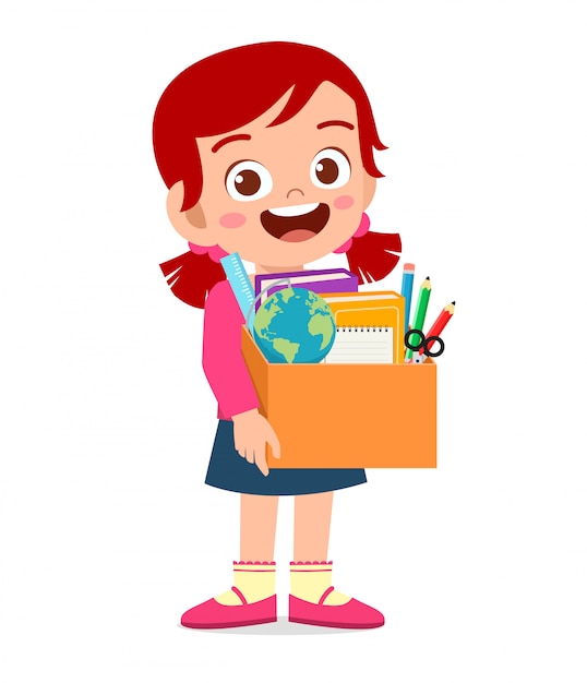 Счастливый милый маленький ребенок девочка нести коробку школьных принадлежностей