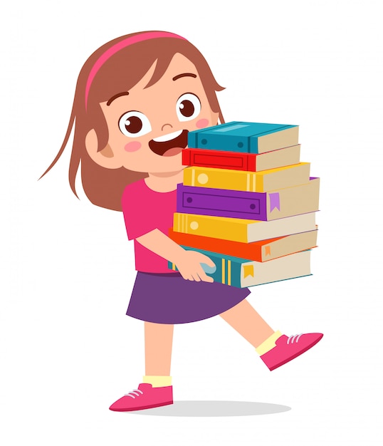幸せなかわいい子供女の子は本の山を運ぶ