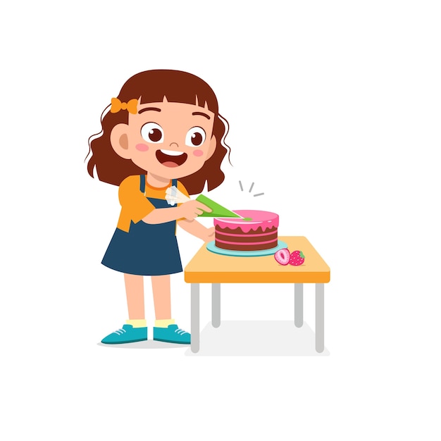 Счастливая милая маленькая девочка готовит торт ко дню рождения