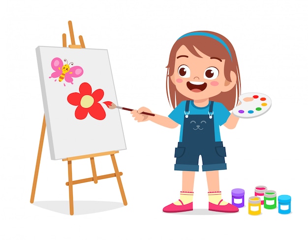 Happy cute little kid girl draw on canvas