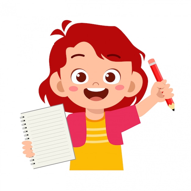 Happy cute little kid girl hold notebook and pencil