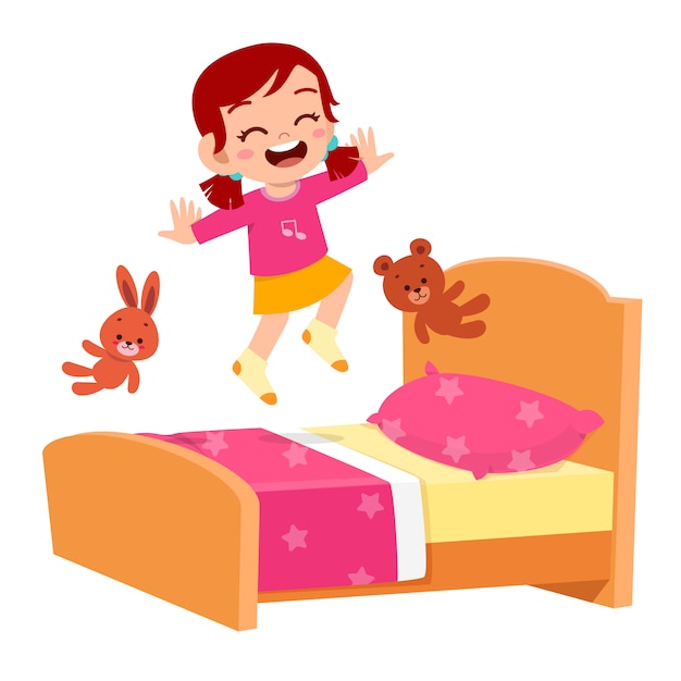 Vector happy cute little kid girl jump on bed room