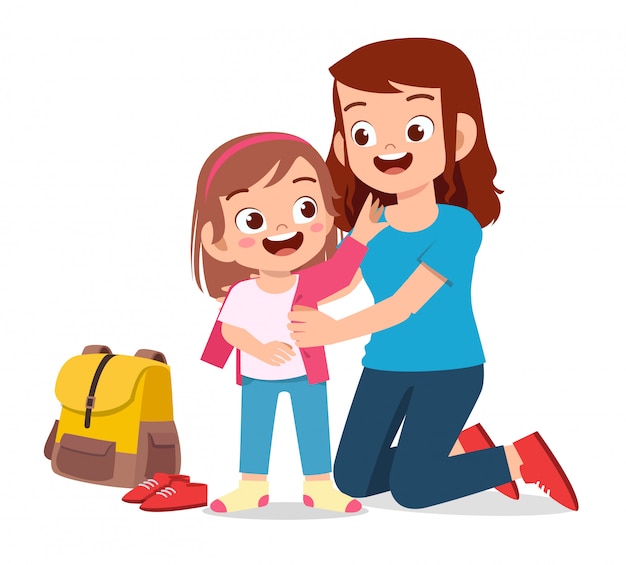 Happy cute little kid girl prepare go to school with mom