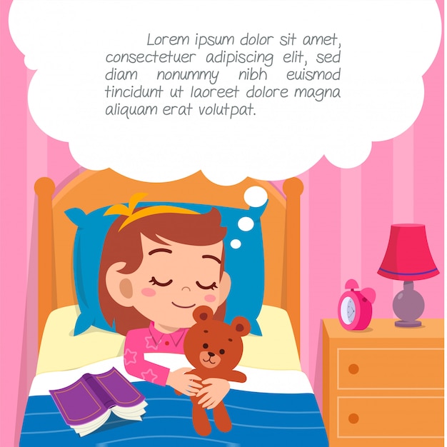 Vector happy cute little kid girl sleep in bed room