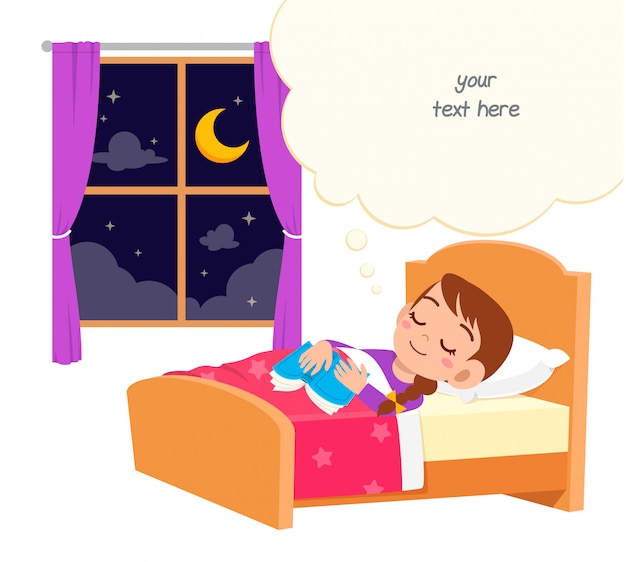 Vector happy cute little kid girl sleep in the night