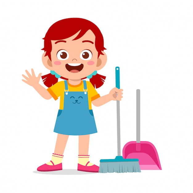 Happy cute little kid girl sweeping floor illustration