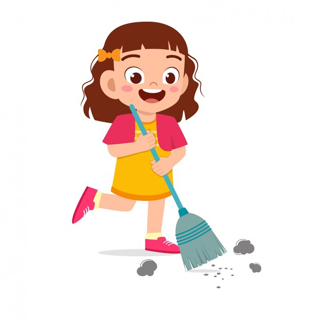 Happy cute little kid girl sweeping floor