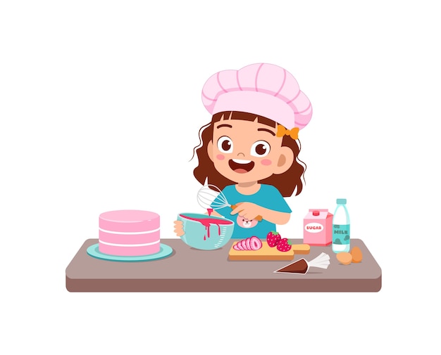 Vector happy cute little kid girl wear chef uniform and cooking a birthday cake