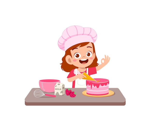 Vector happy cute little kid girl wear chef uniform and cooking a birthday cake