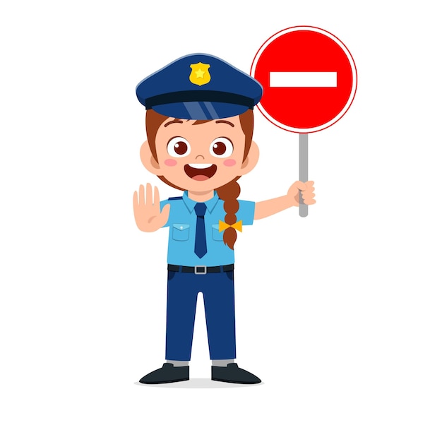 Happy cute little kid girl wearing police uniform and holding stop sign