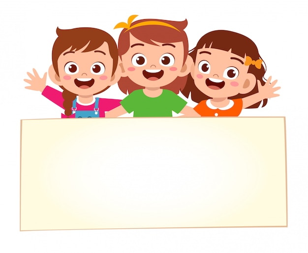 Happy cute little kid girls with blank banner