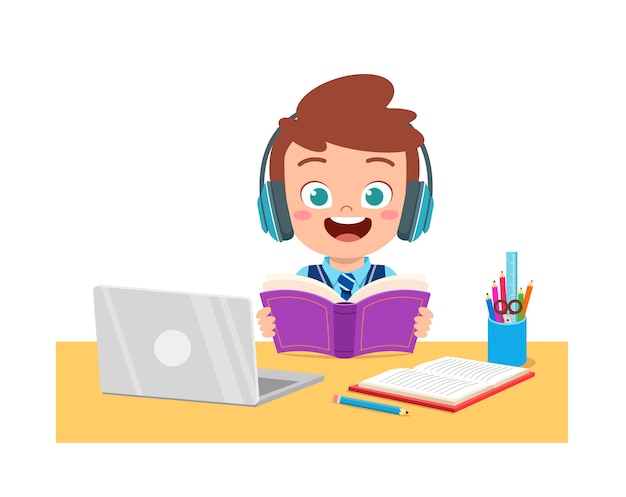 Happy cute little kid do home school with computer laptop connect to internet study e-learning and course.