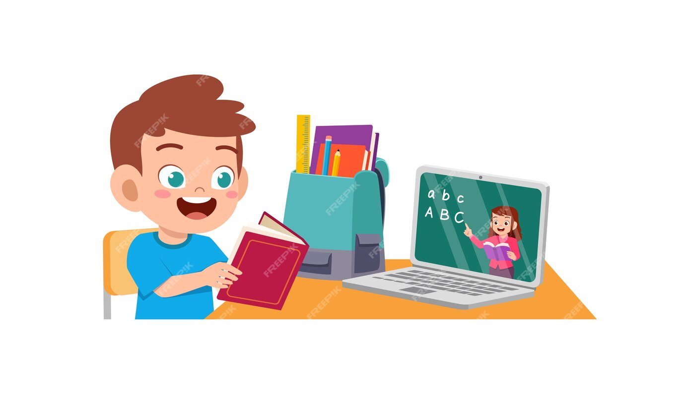 Premium Vector | Happy cute little kid do home school with computer ...