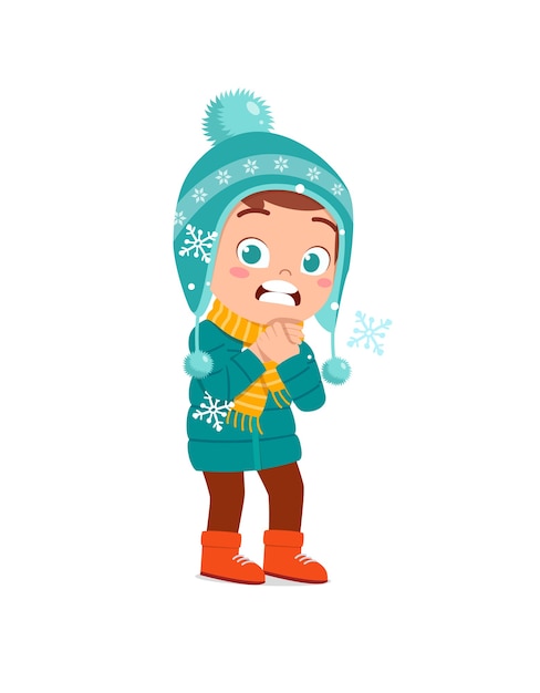 Вектор Счастливый милый маленький ребенок играет и надевает куртку в зимний сезон