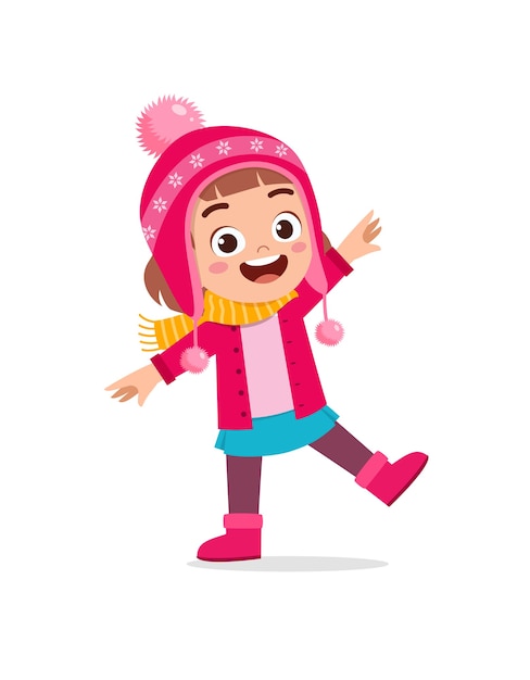 Happy cute little kid play and wear jacket in winter season