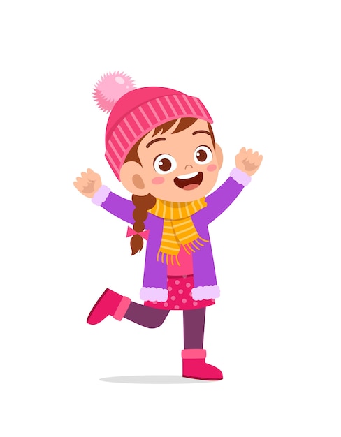 Vector happy cute little kid play and wear jacket in winter season