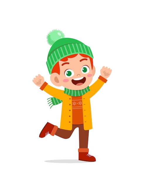 Happy cute little kid play and wear jacket in winter season