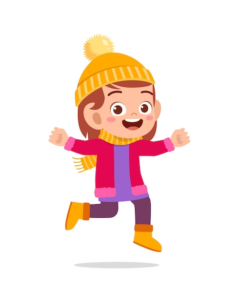 Happy cute little kid play and wear jacket in winter season