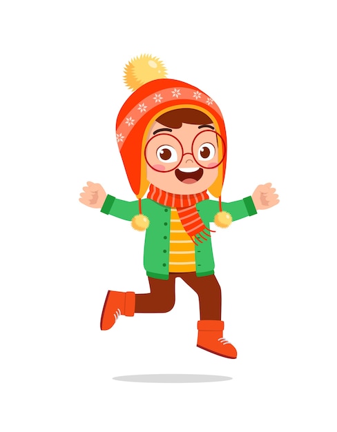 Happy cute little kid play and wear jacket in winter season