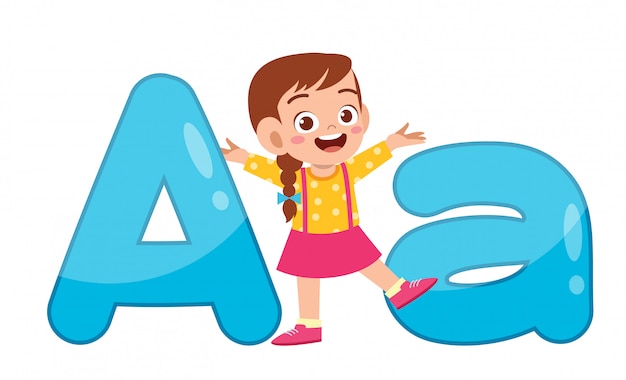 행복 한 귀여운 작은 아이 연구 알파벳 문자
