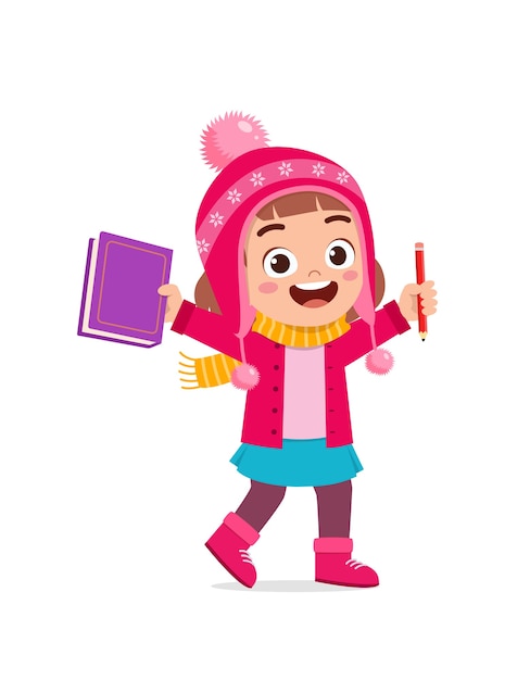 Happy cute little kid study and wear jacket in winter season