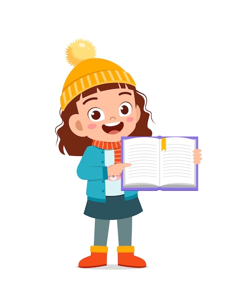 Happy cute little kid study and wear jacket in winter season