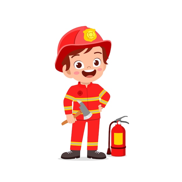 Vettore ragazzino sveglio felice che indossa l'uniforme del pompiere e che tiene l'ascia